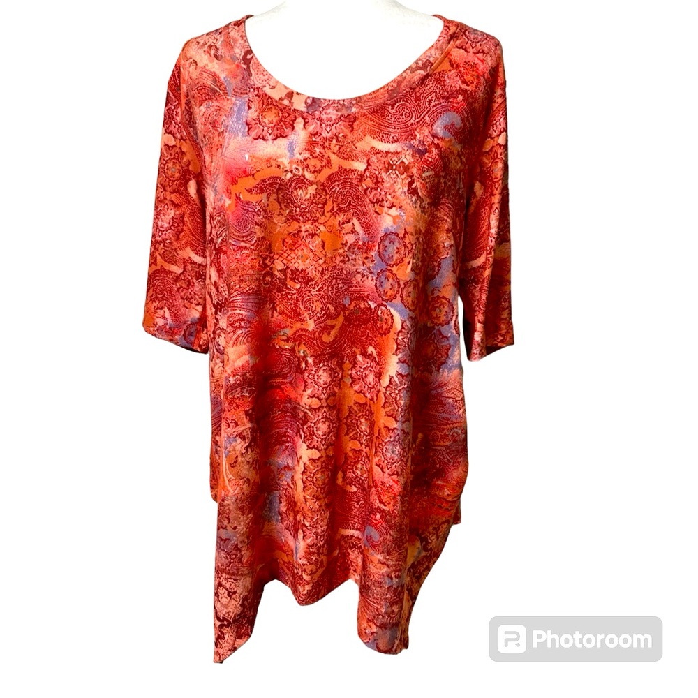 Soft Surroundings orange mosaic tile print large 3/4 sleeves tunic shirt top